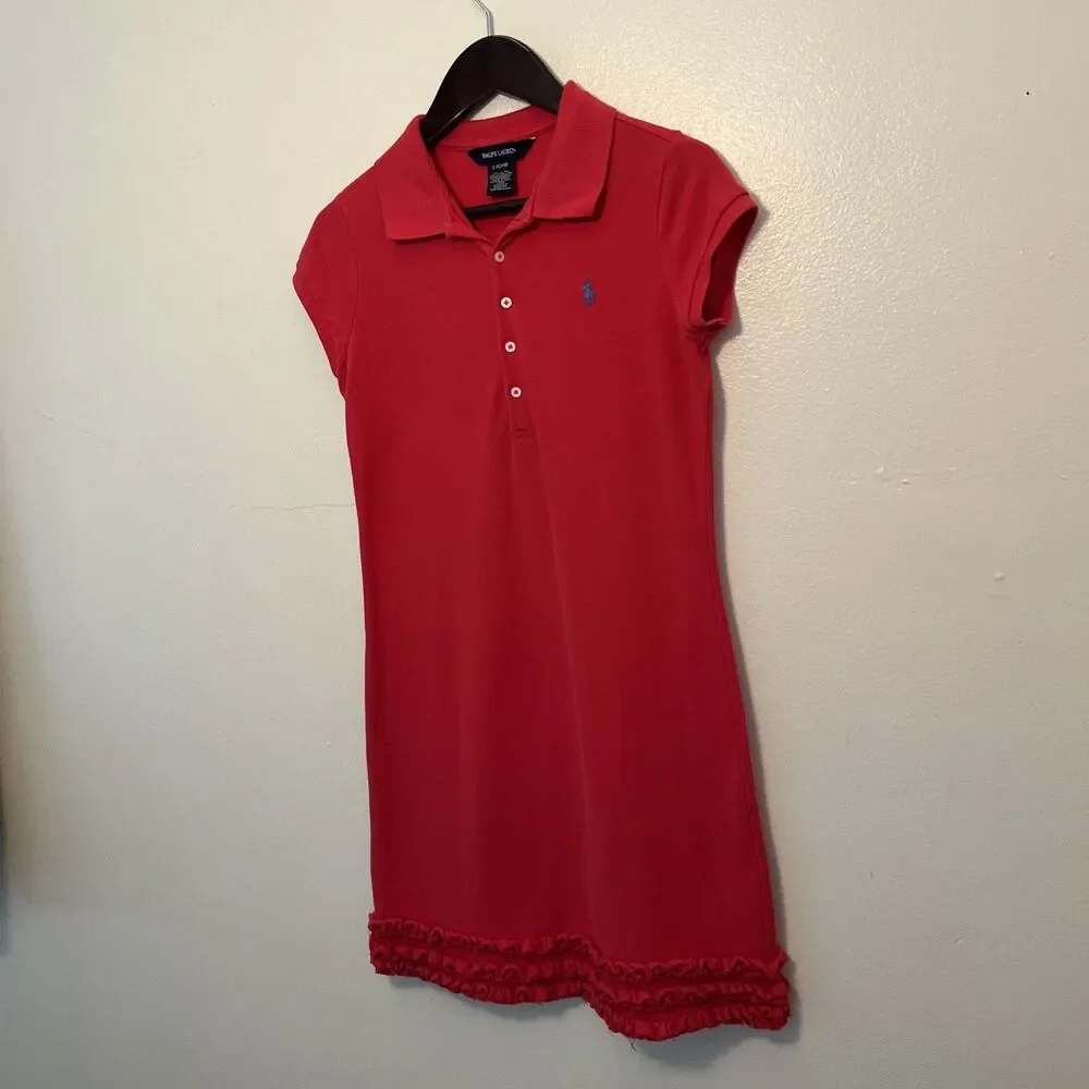 RALPH LAUREN Cotton Mesh Ruffle Hem Polo Pony Dress, Red- Size L (12/14)